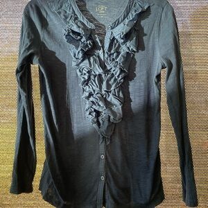 LOFT Blue Ruffle-Front Button Down Shirt